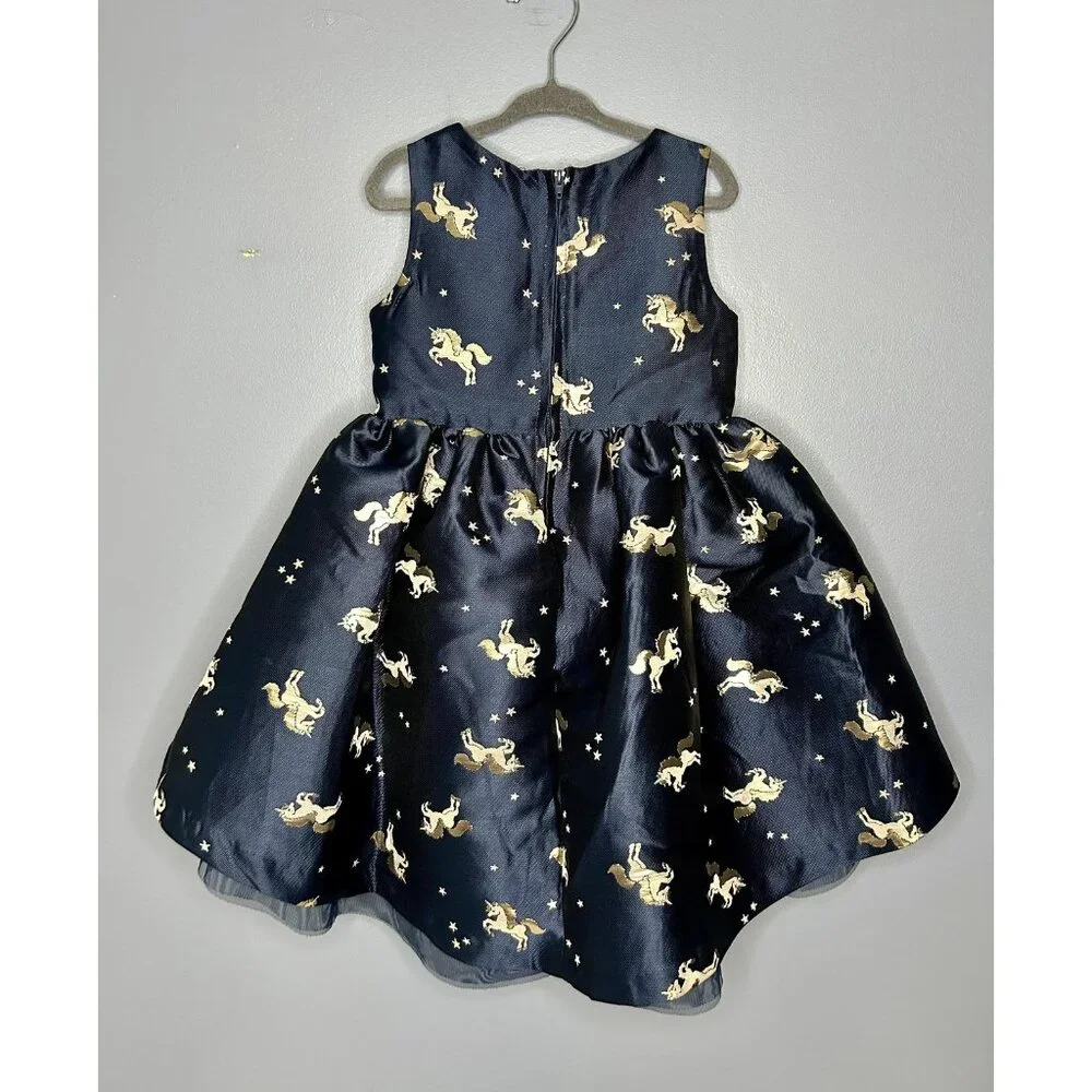 H&M Dress Girls 2-3Y Navy Blue Gold Unicorn Star Print Sleeveless Party‎ Formal
